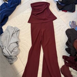 Abercrombie & Fitch Strapless Wide-Leg Jumpsuit in Burgundy